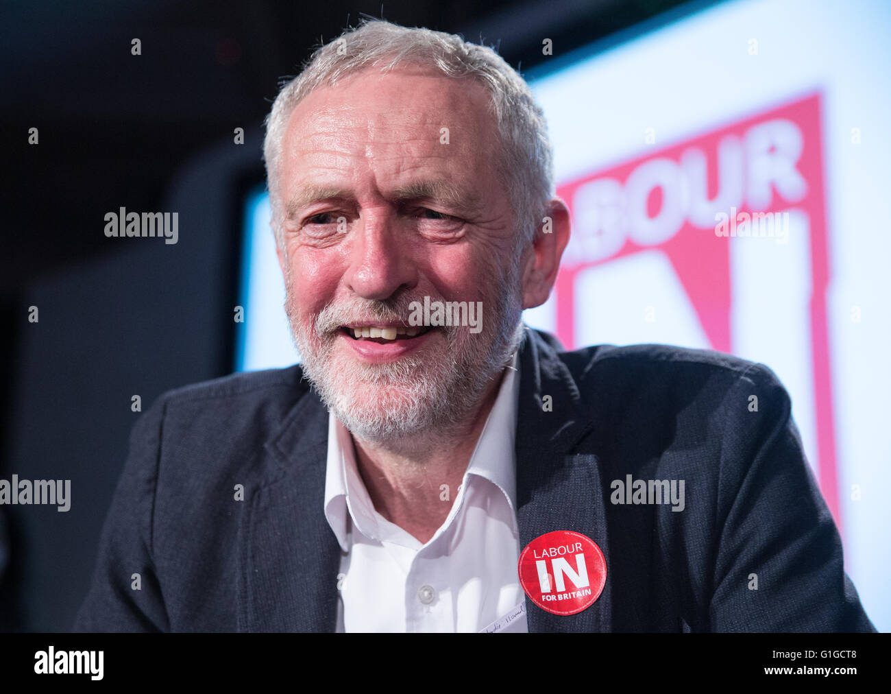 Labour leader Jeremy Corbyn speaks at a 'Vote to remain June 23rd' rally in Westminster,London.He is supporting 'Vote In' Stock Photo
