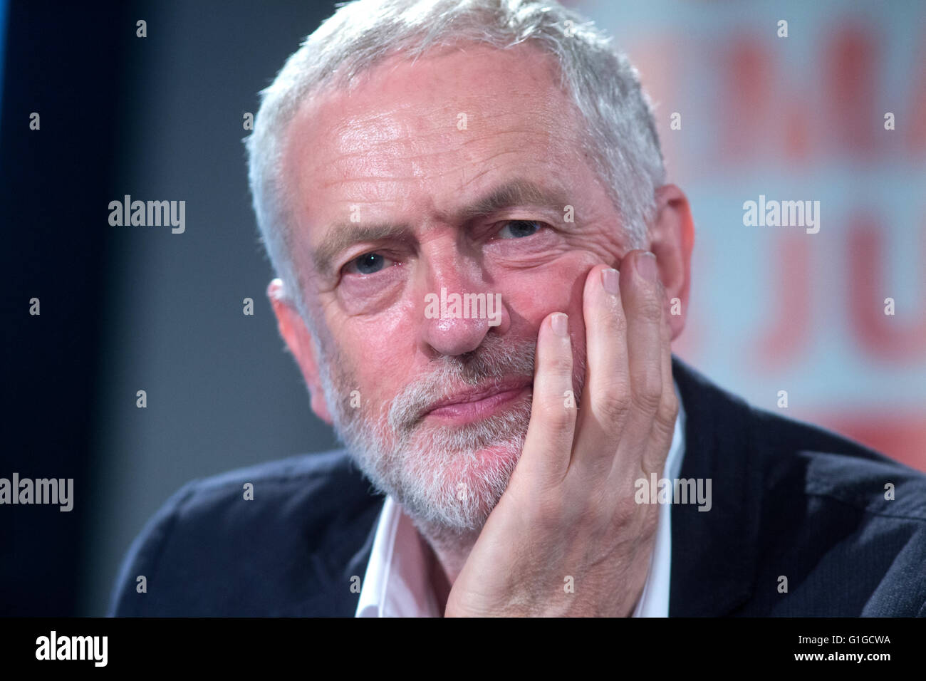 Labour leader Jeremy Corbyn speaks at a 'Vote to remain June 23rd' rally in Westminster,London.He is supporting 'Vote In' Stock Photo