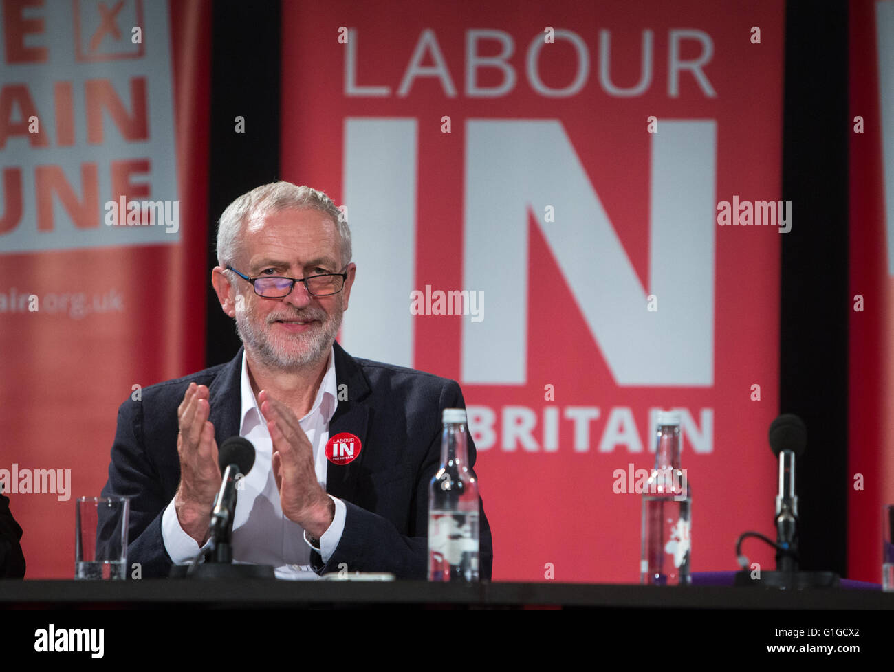 Labour leader Jeremy Corbyn speaks at a 'Vote to remain June 23rd' rally in Westminster,London.He is supporting 'Vote In' Stock Photo