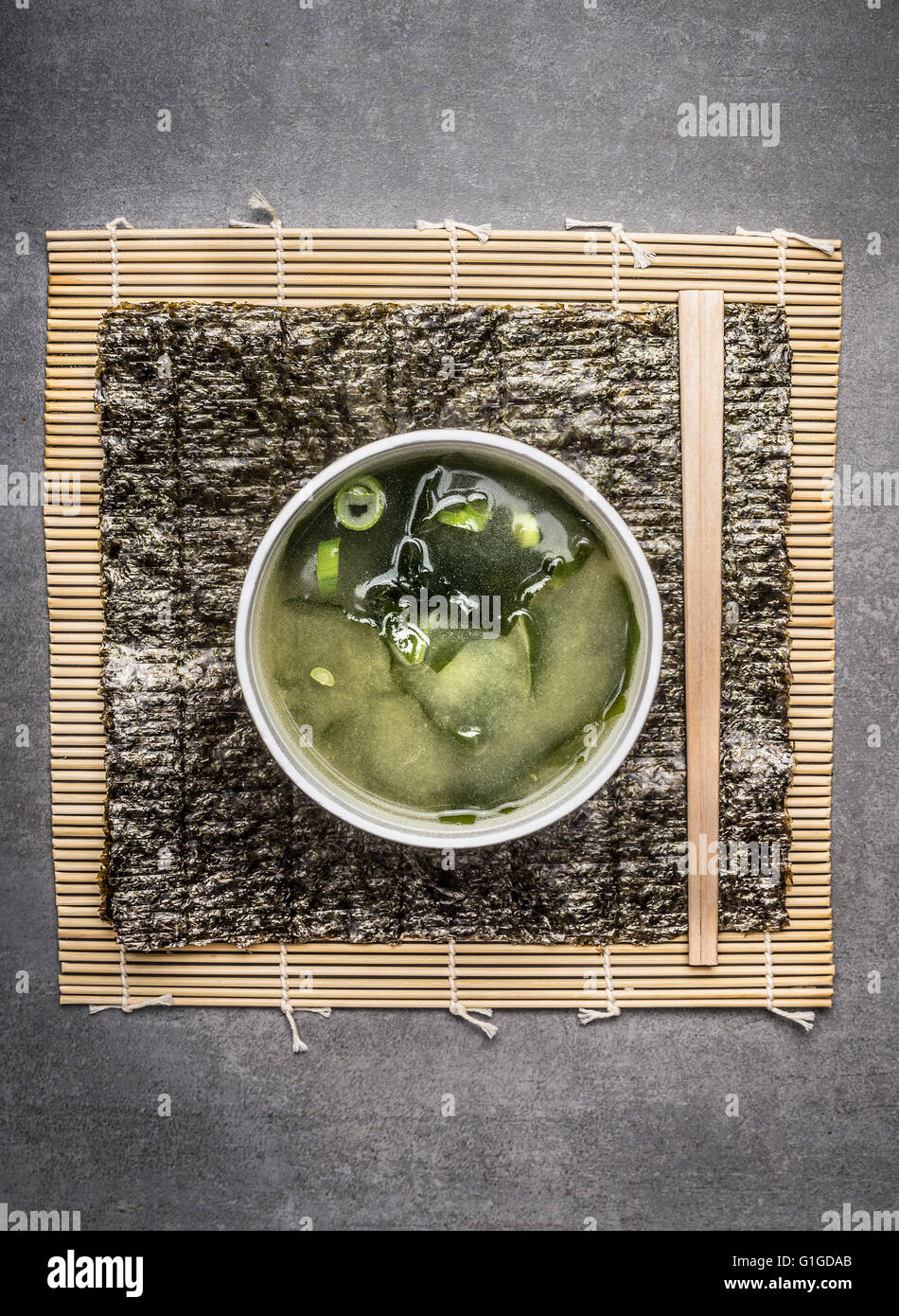 Miso soup on gray stone background, top view Stock Photo