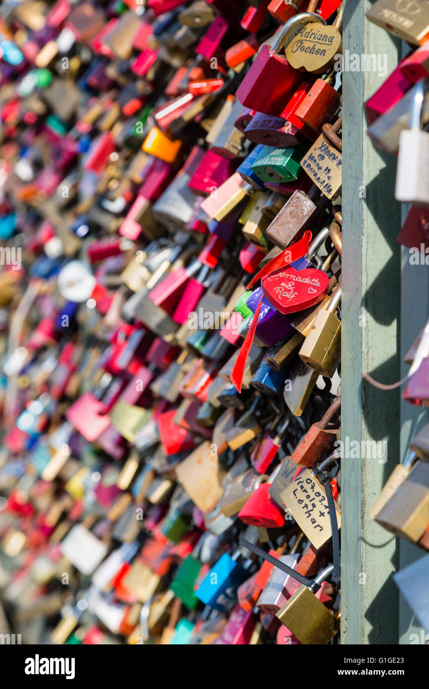 Detail view of love padlocks on the Hohenzollern Bridge in Cologne, Germany Stock Photo