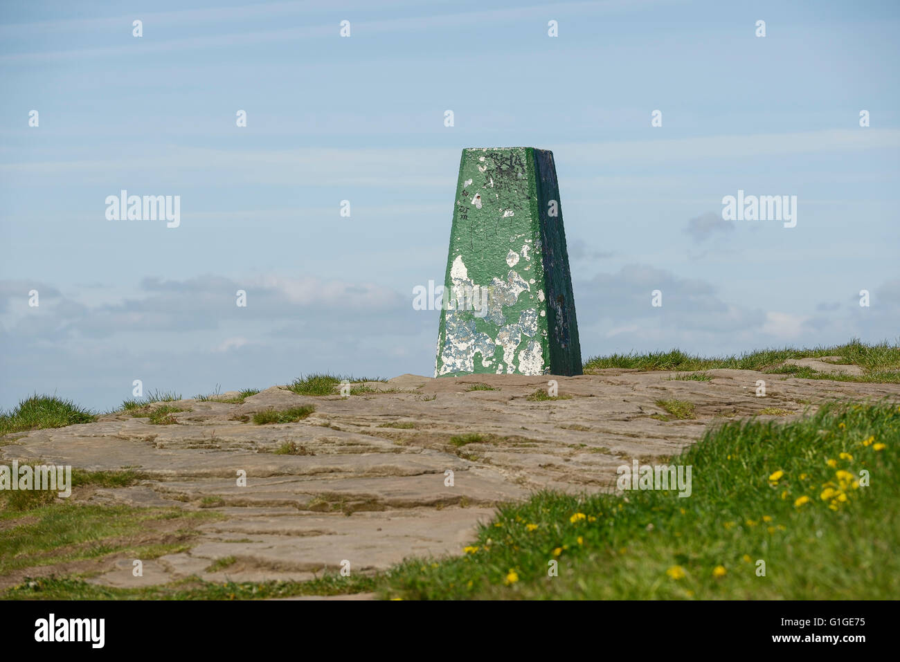 The trig point at the top of Helsby Hill in Cheshire UK Stock Photo