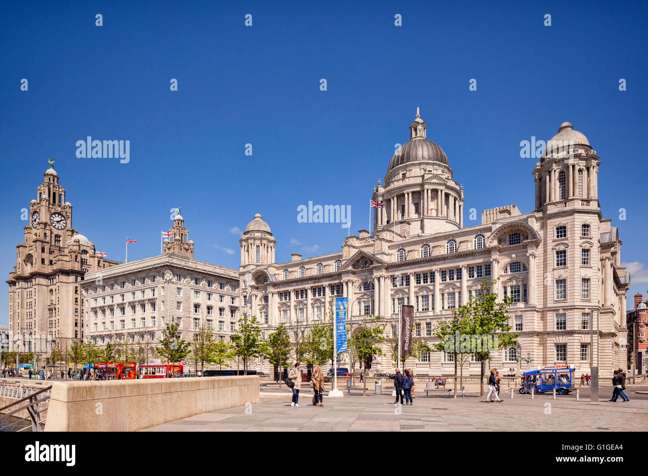 The 'Three Graces', historic buildings which dominate the Liverpool waterfront at Pier Head. They are the Royal Liver Building, Stock Photo
