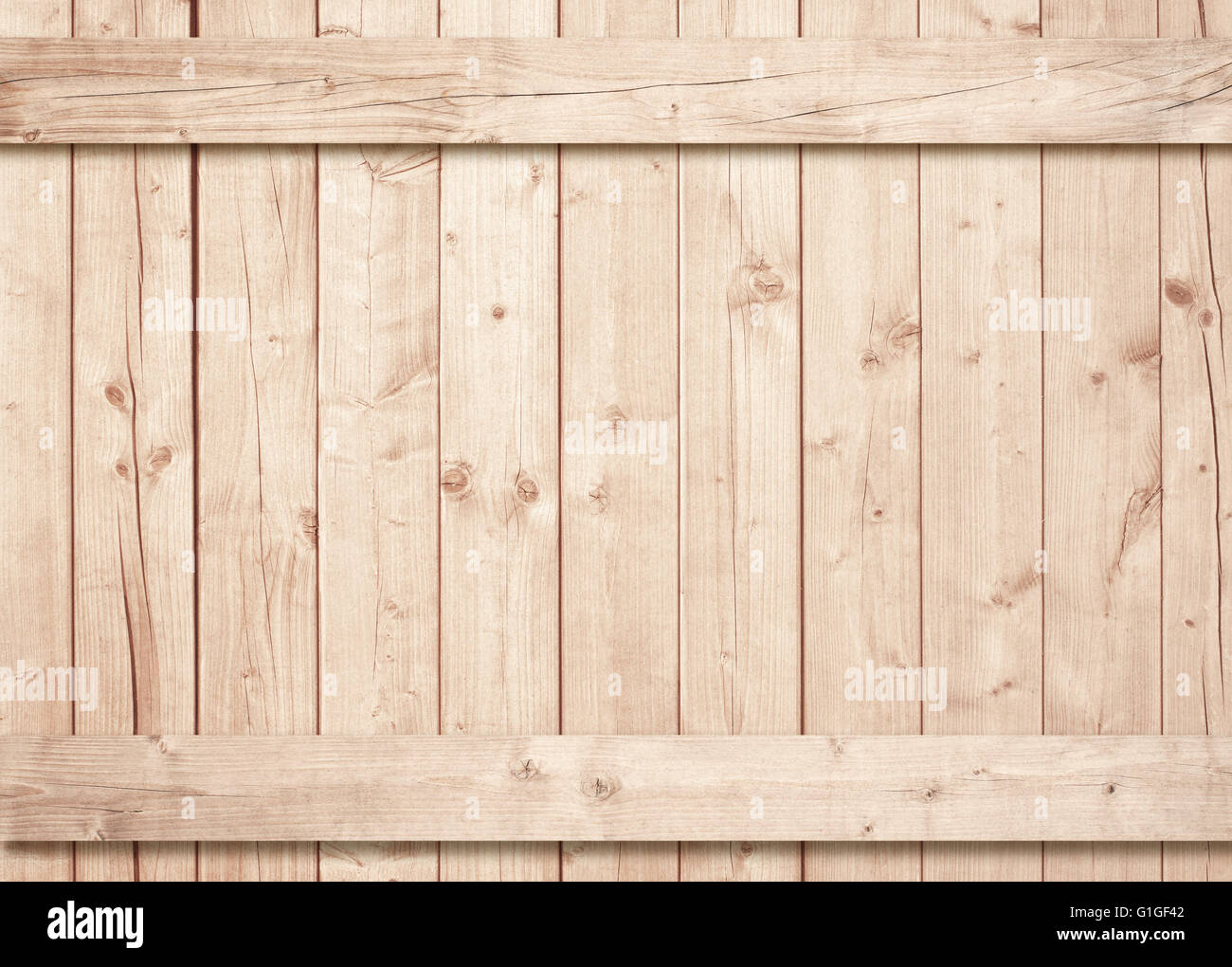Light brown wooden wall, fence texture with horizontal and vertical planks Stock Photo