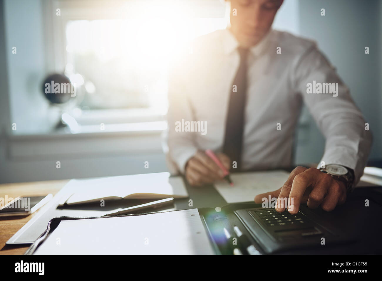 Business man working on documents, close up, lawyer accountant concept Stock Photo