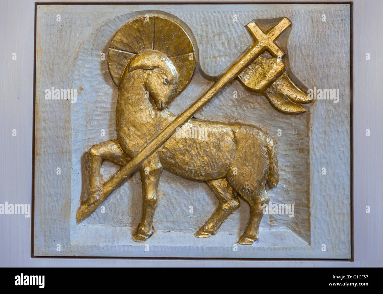 Relief golden lamb at church of Steinhaus (Cadipeitra) in South Tyrol, Italy Stock Photo