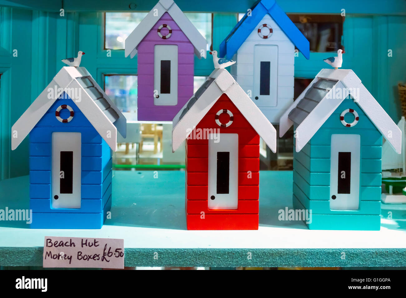 Wooden Beach Hut Money Box – Green, White & Blue, With Detachable Seagull, 18cm High