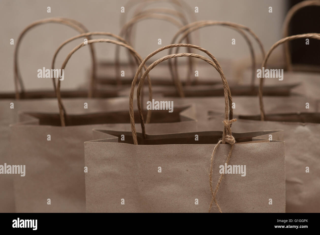 Set of bags with brown paper for holiday gifts Stock Photo