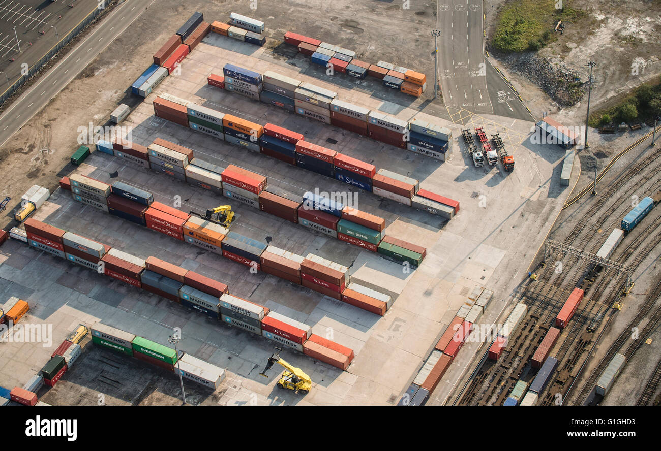 Aerial photo of container terminal with rail traffic Stock Photo