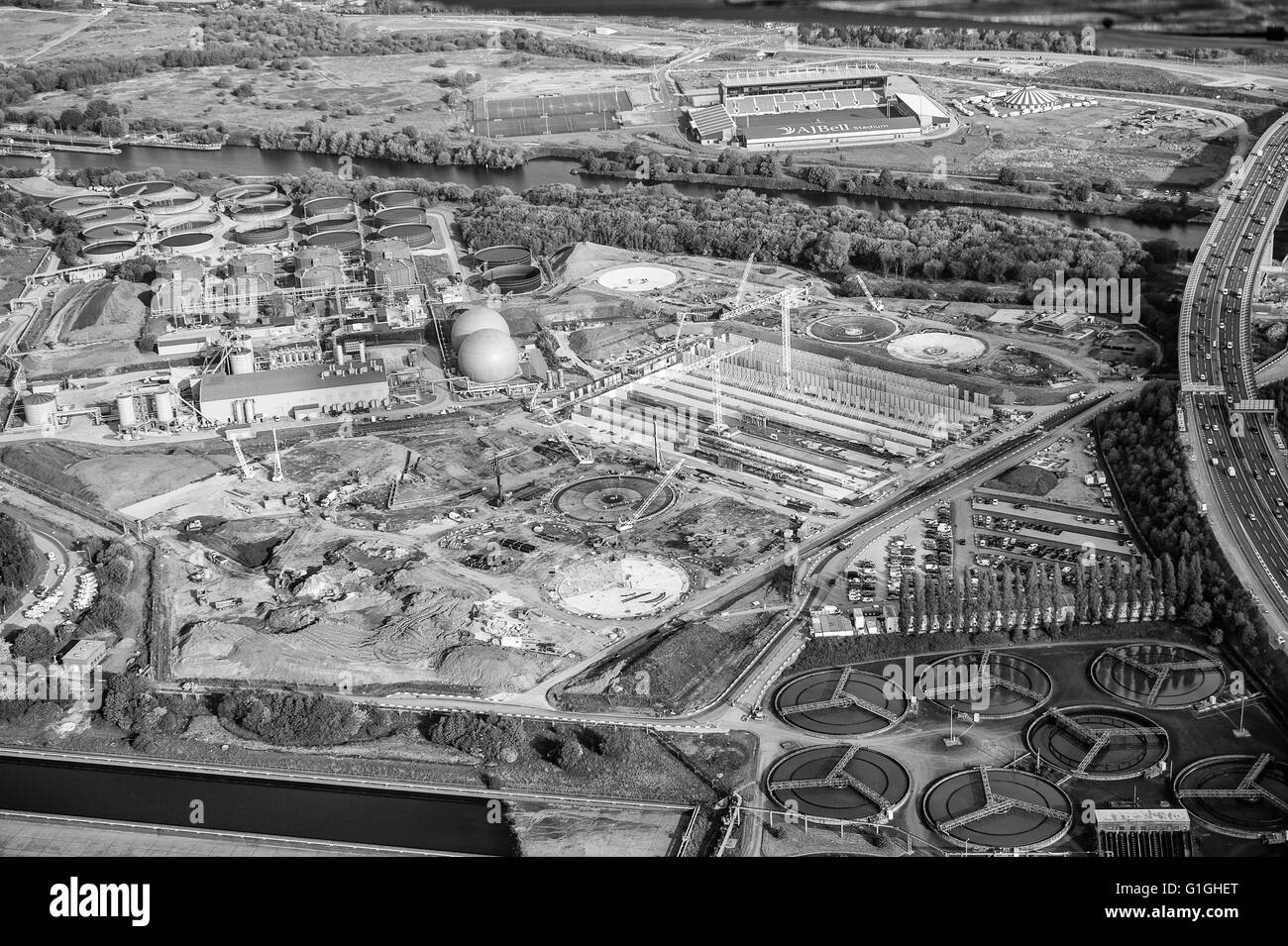 Aerial photo of new development at Davyhulme Waste Water Works Stock