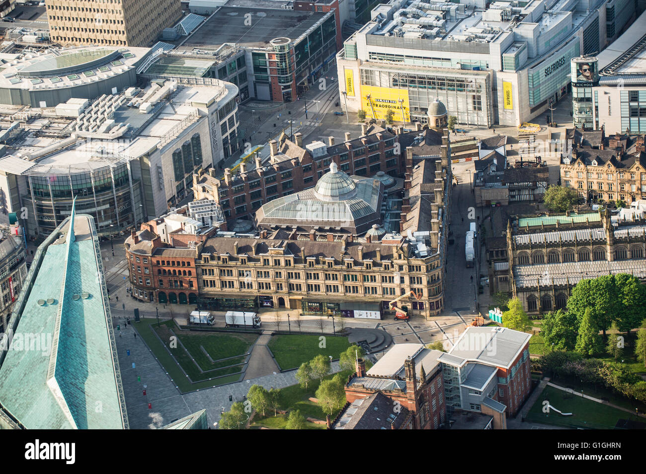 Aerial photo of Manchester Corn Exchange, Manchester Cathedral and Urbis Stock Photo