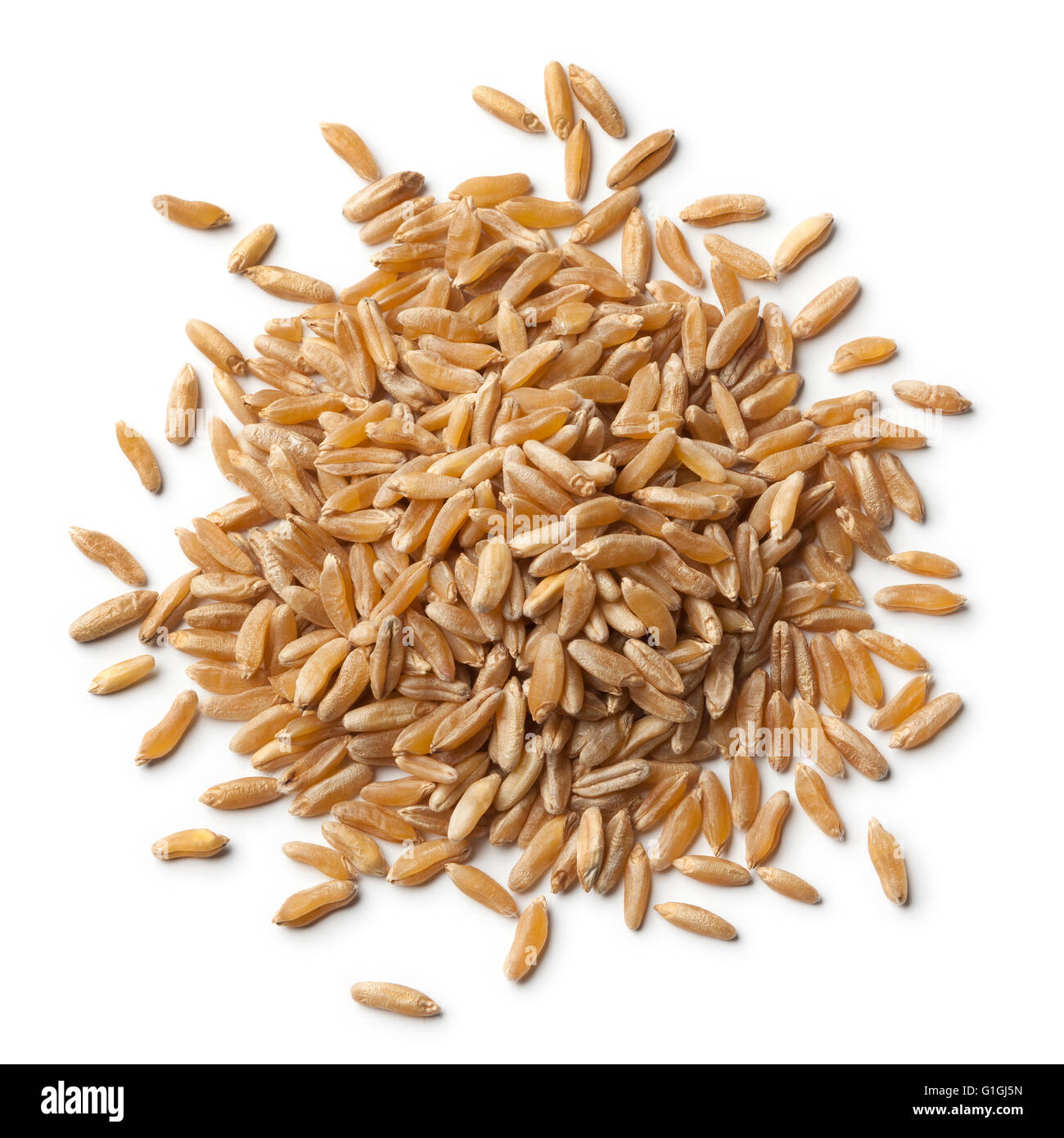 Heap of kamut kernels on white background Stock Photo