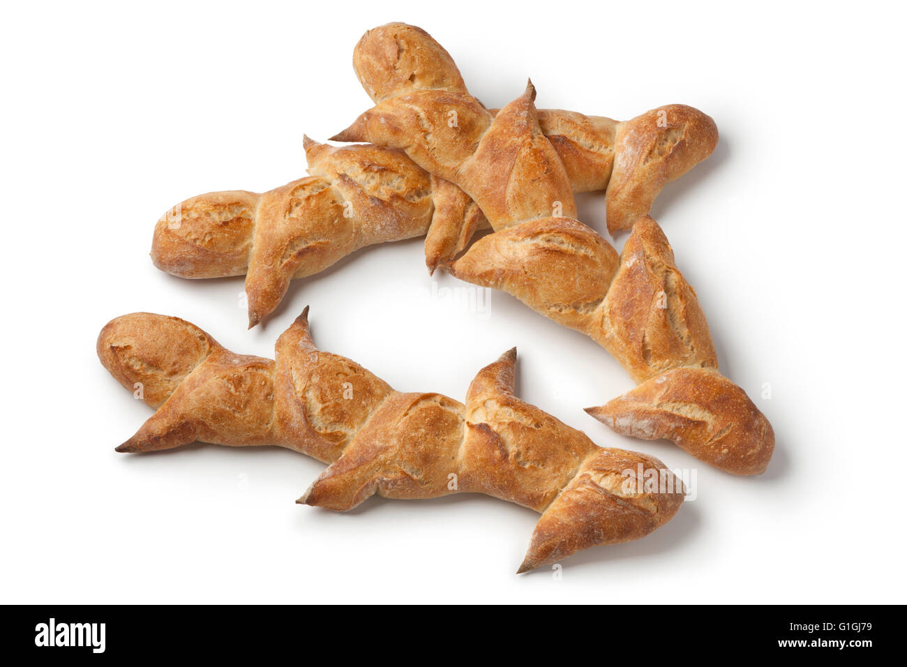 Two French pain d'epi or wheat stalk bread on white background Stock Photo