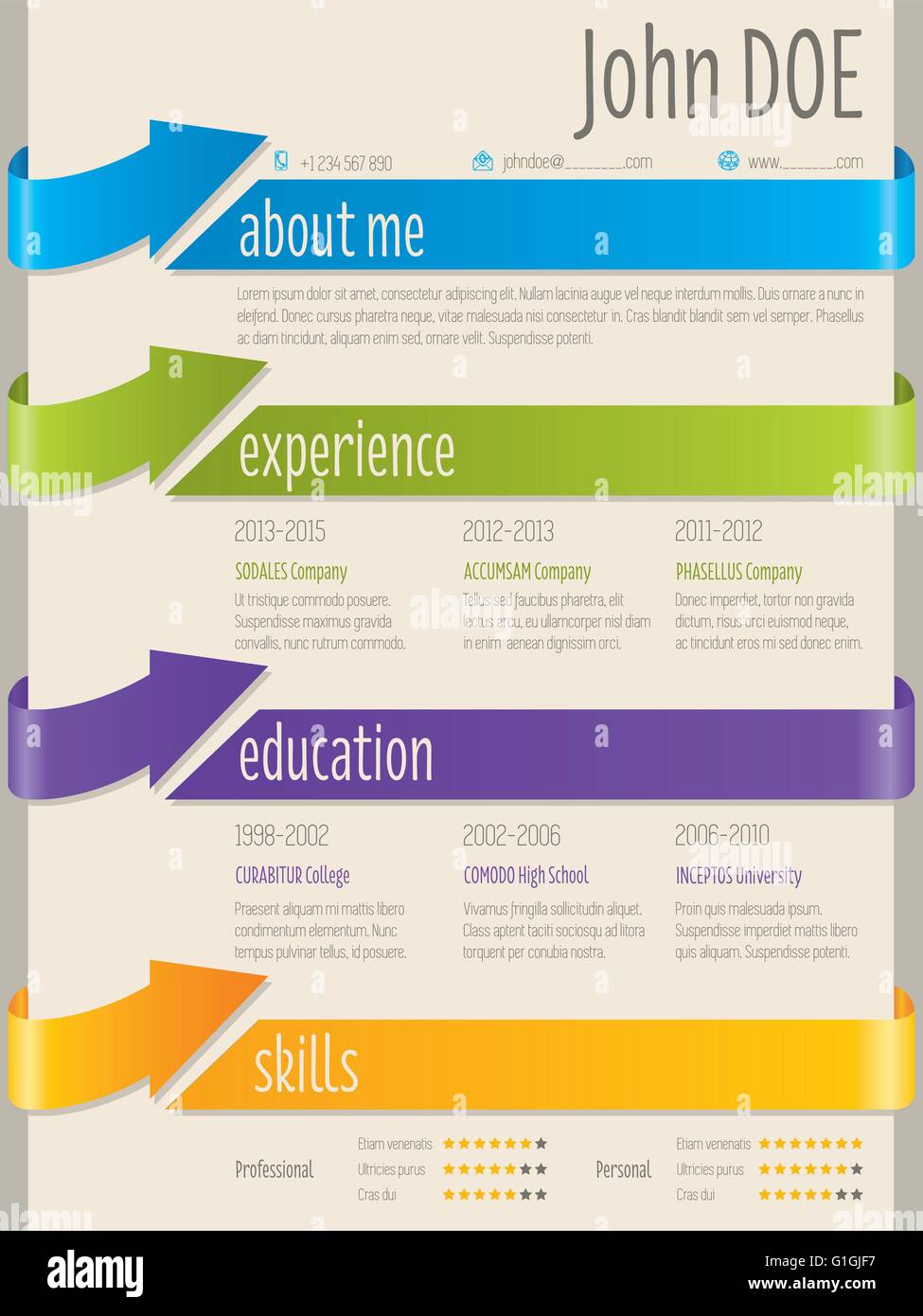 Color arrow ribbons cv resume curriculum vitae template design Stock