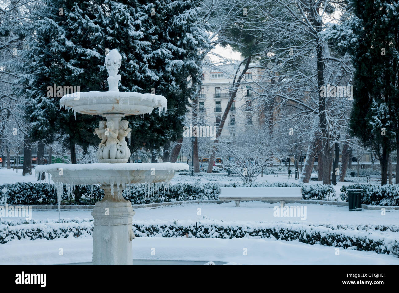 Snow covered Retiro park. Madrid, Spain. Stock Photo