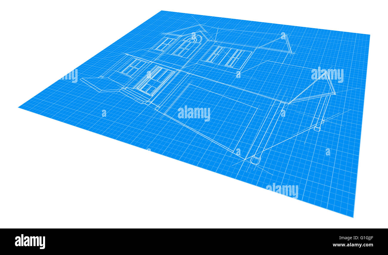 A house blueprint drawing at a diagonal perspective angle Stock Photo