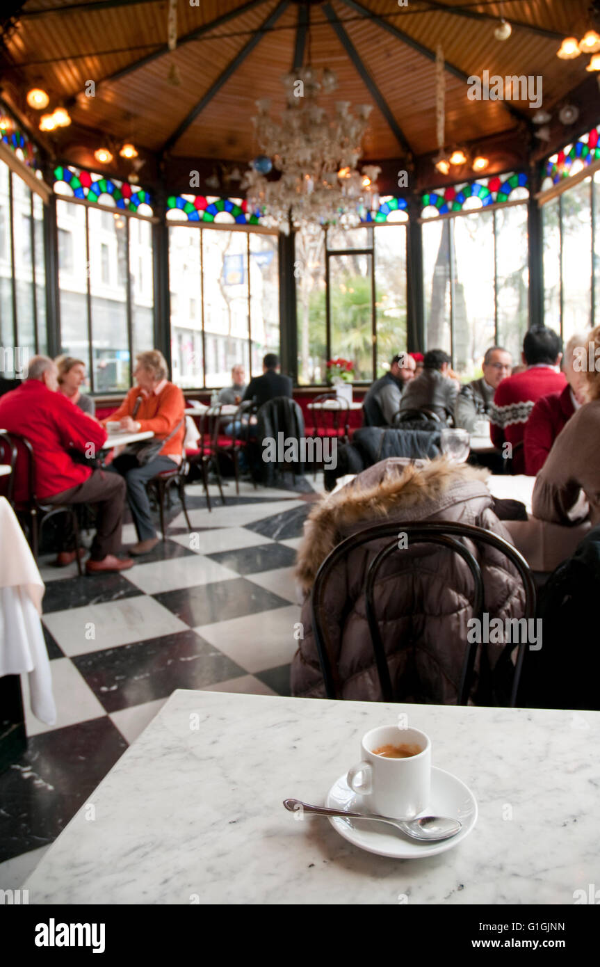 Cup of coffee in El Espejo cafe. Madrid, Spain. Stock Photo