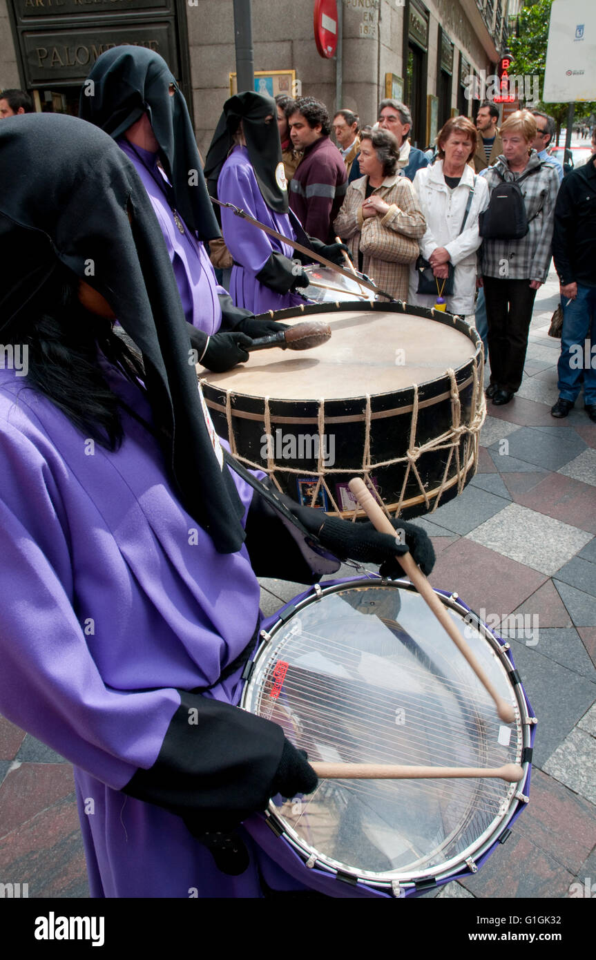 Drummers in a Holy Week procession. Madrid, Spain. Stock Photo