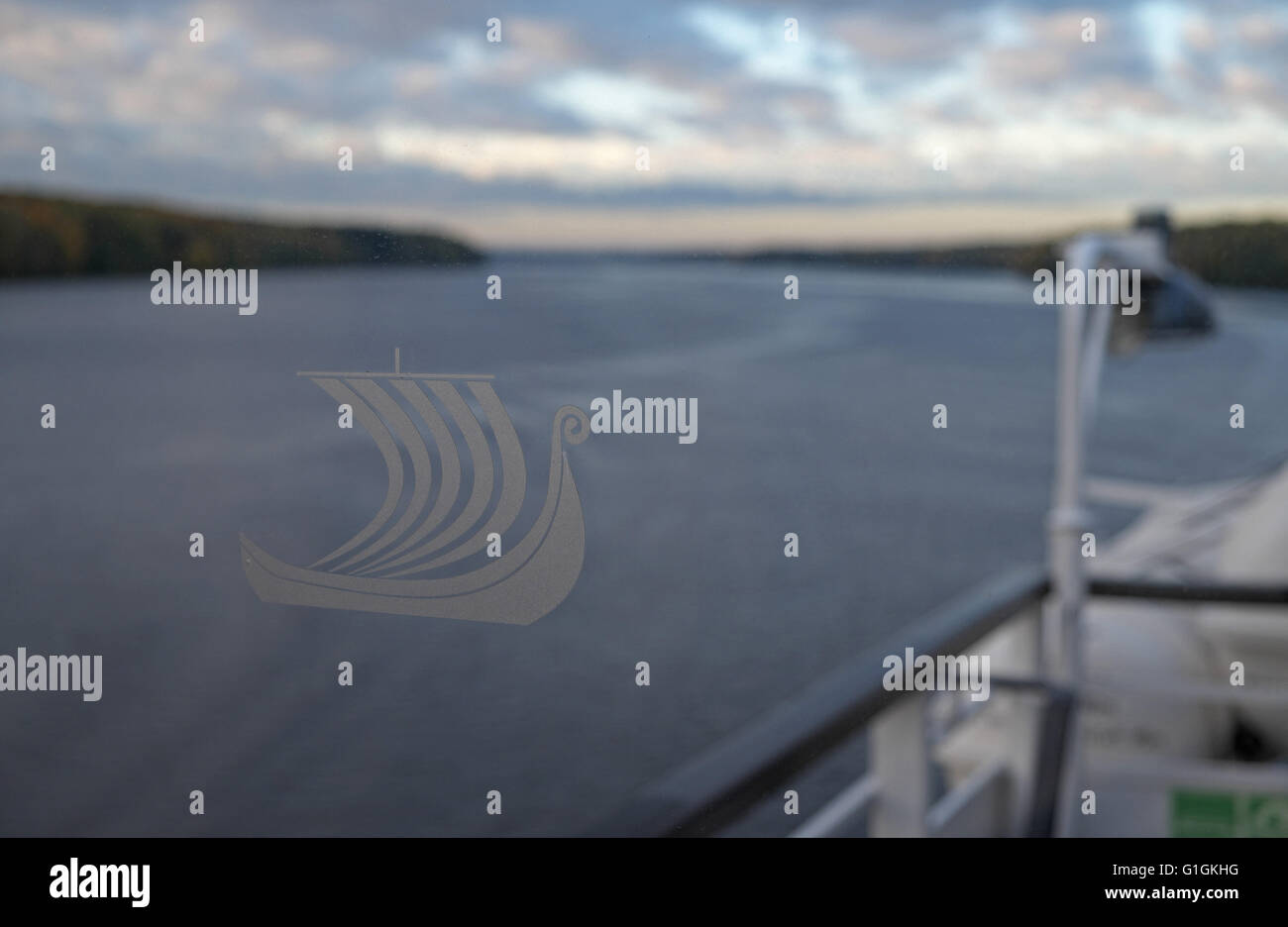 Viking logo with River Volga beyond, Volga - Baltic Waterway, Russia. Stock Photo