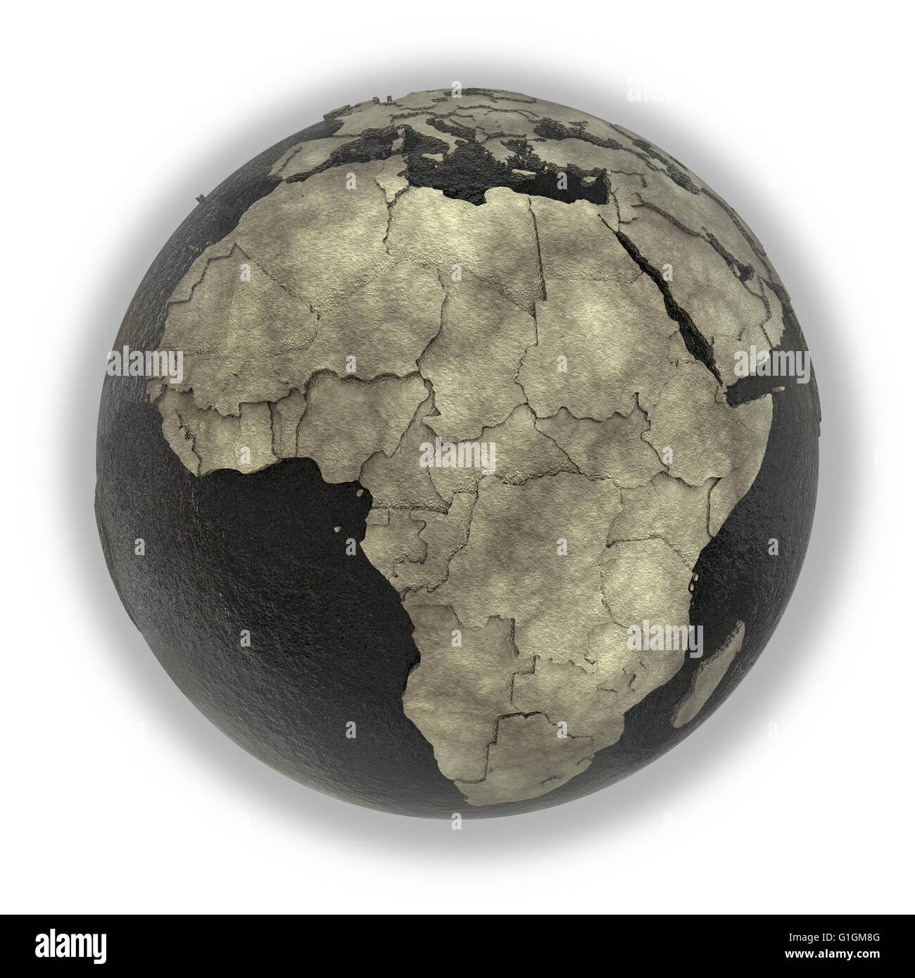 Africa on 3D model of planet Earth with black oily oceans and concrete ...