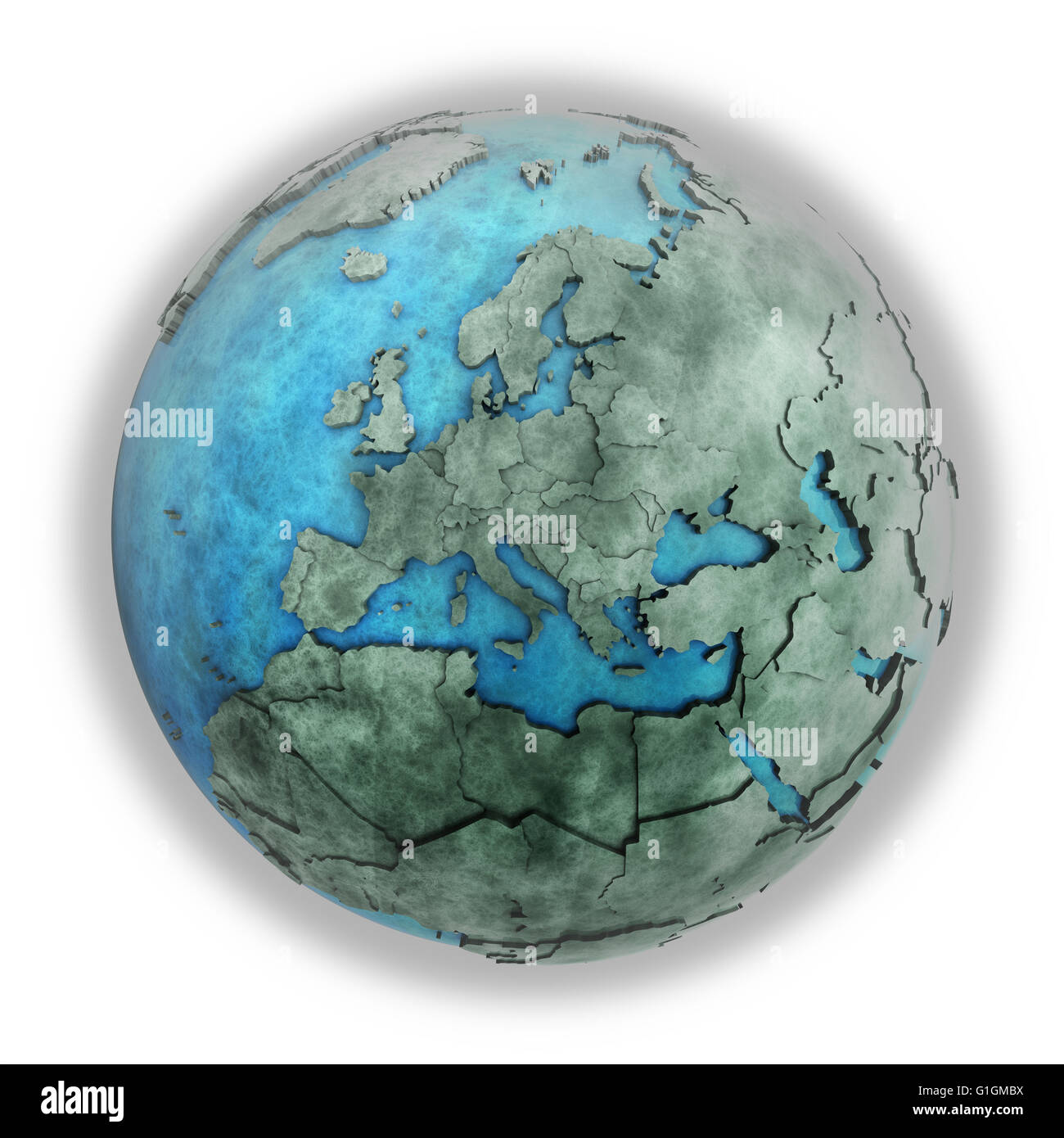Europe on 3D model of planet Earth made of blue marble with embossed ...