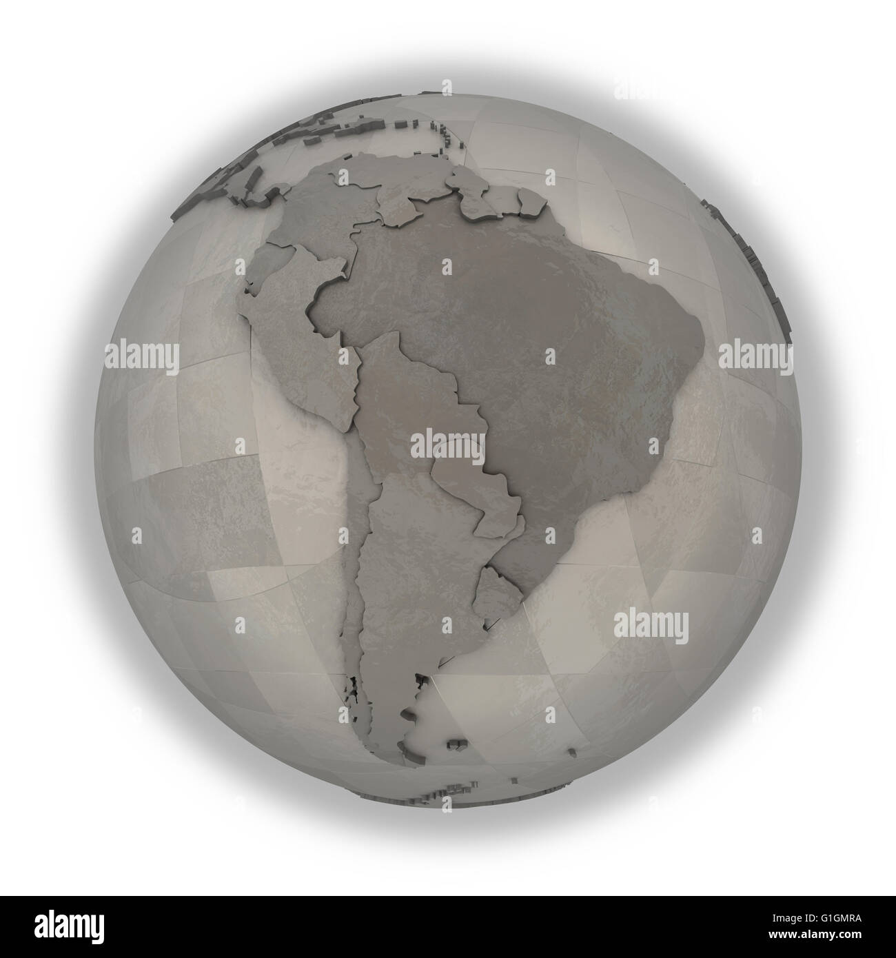 South America on 3D model of metallic planet Earth made of steel plates ...