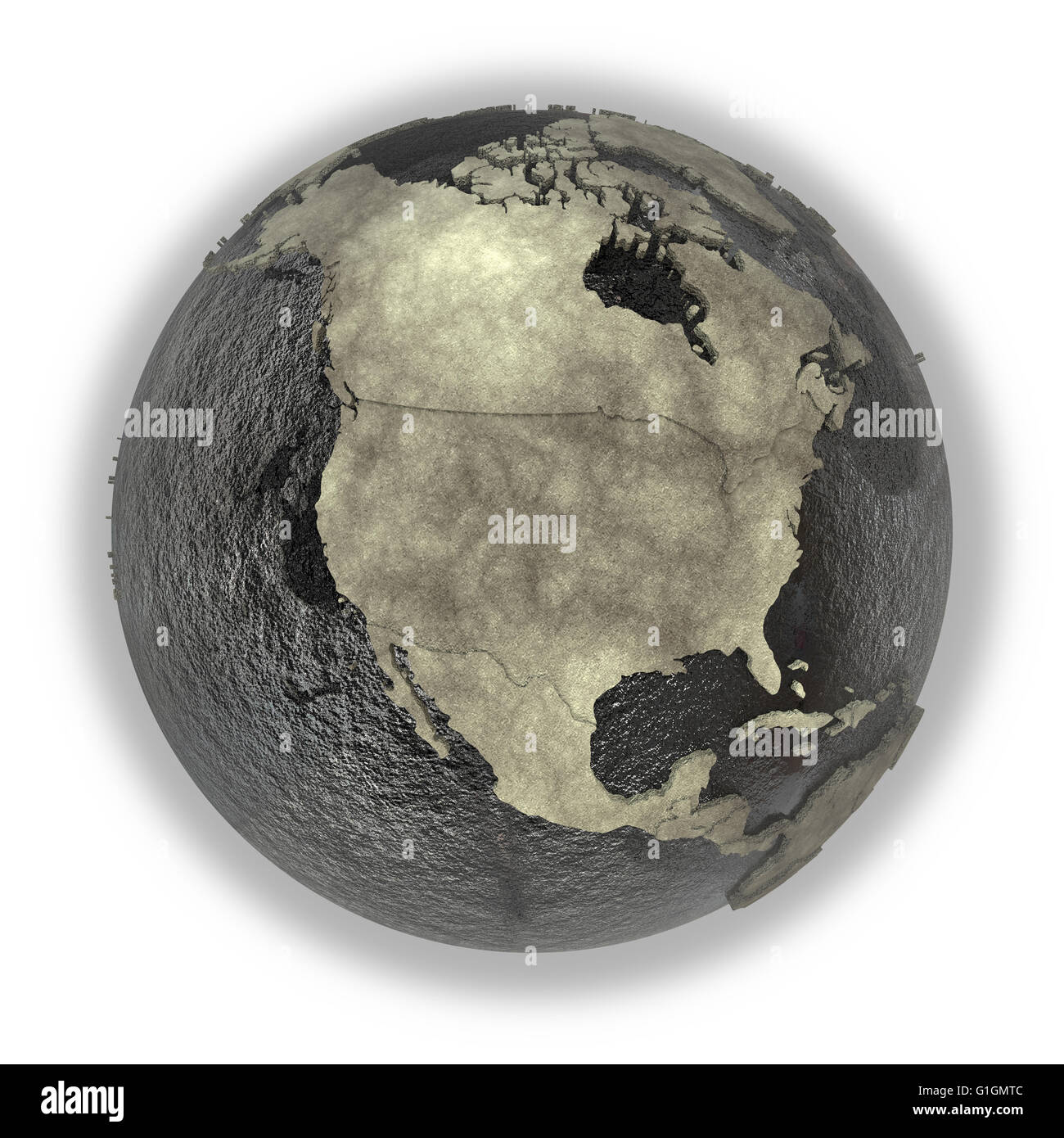 North America on 3D model of planet Earth with black oily oceans and ...