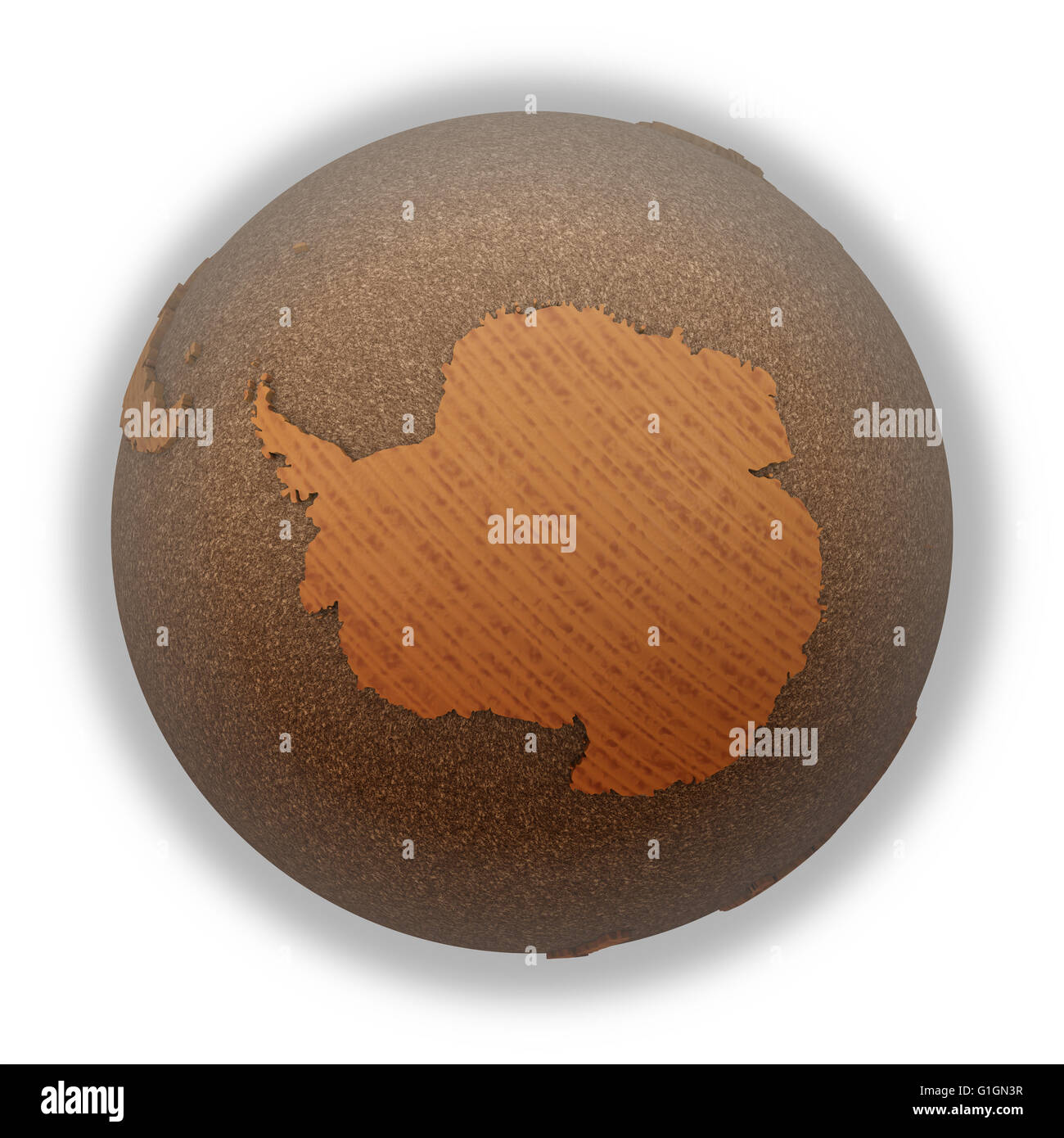 Antarctica on 3D model of wooden planet Earth with oceans made of cork ...