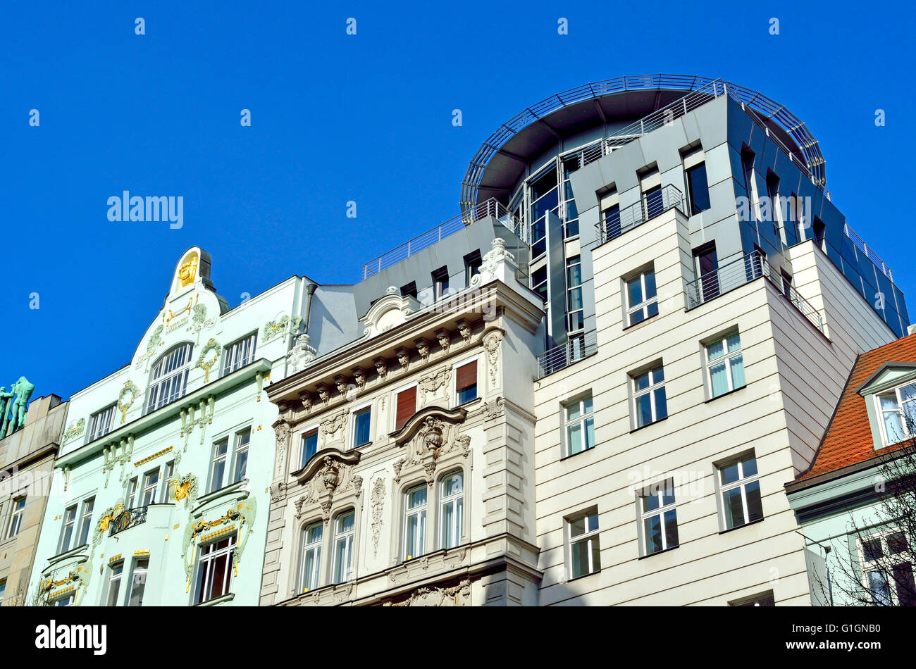 Prague, Czech Republic. Contrasting art nouveau and modern architecture