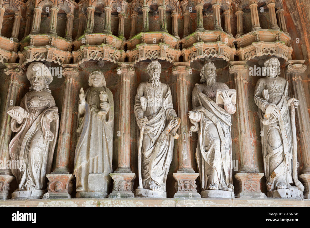 Carvings inside the porch of church, Guimiliau, Finistere, Brittany, France, Europe Stock Photo