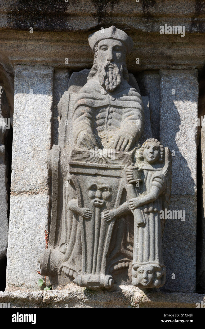 Stone carvings on the calvary inside the parish close, Guimiliau, Finistere, Brittany, France, Europe Stock Photo