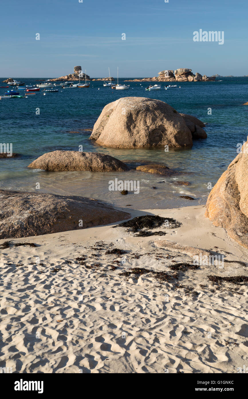 White sand beach and pink rocks, Tregastel-Plage, Cote de Granit Rose, Cotes d'Armor, Brittany, France, Europe Stock Photo