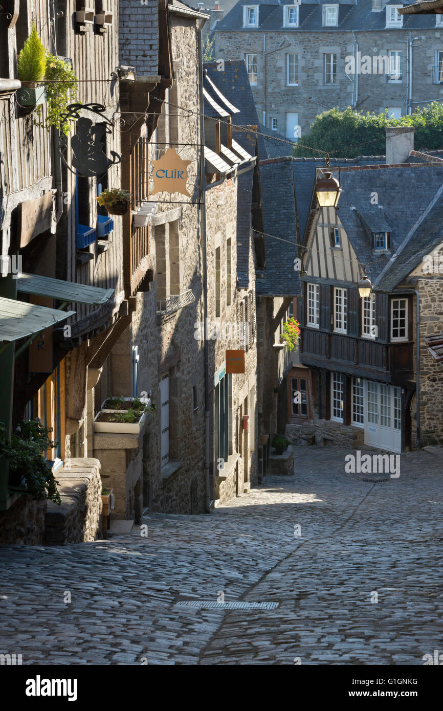 Cobbled street, Rue du Jerzual, Dinan, Cotes d'Armor, Brittany, France, Europe Stock Photo