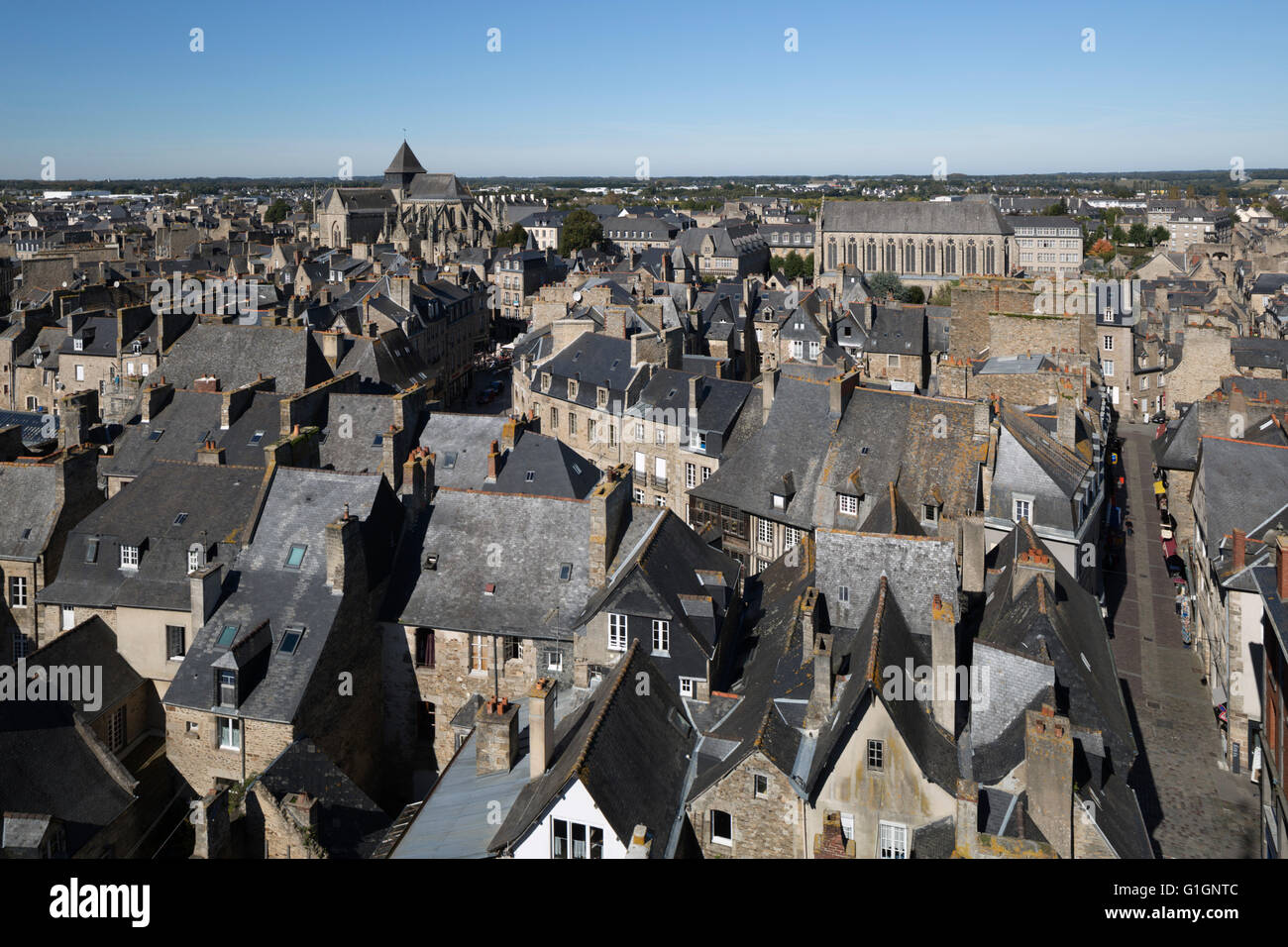 View over the old town from Tour de l'Horloge, Dinan, Cotes d'Armor, Brittany, France, Europe Stock Photo