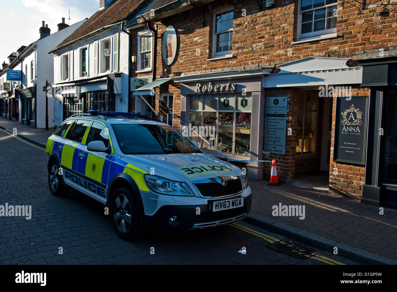 Smash and Grab crime scene at Roberts Jewellers along the High Street of Ringwood, Hampshire, UK. On 26th April 2016 Stock Photo
