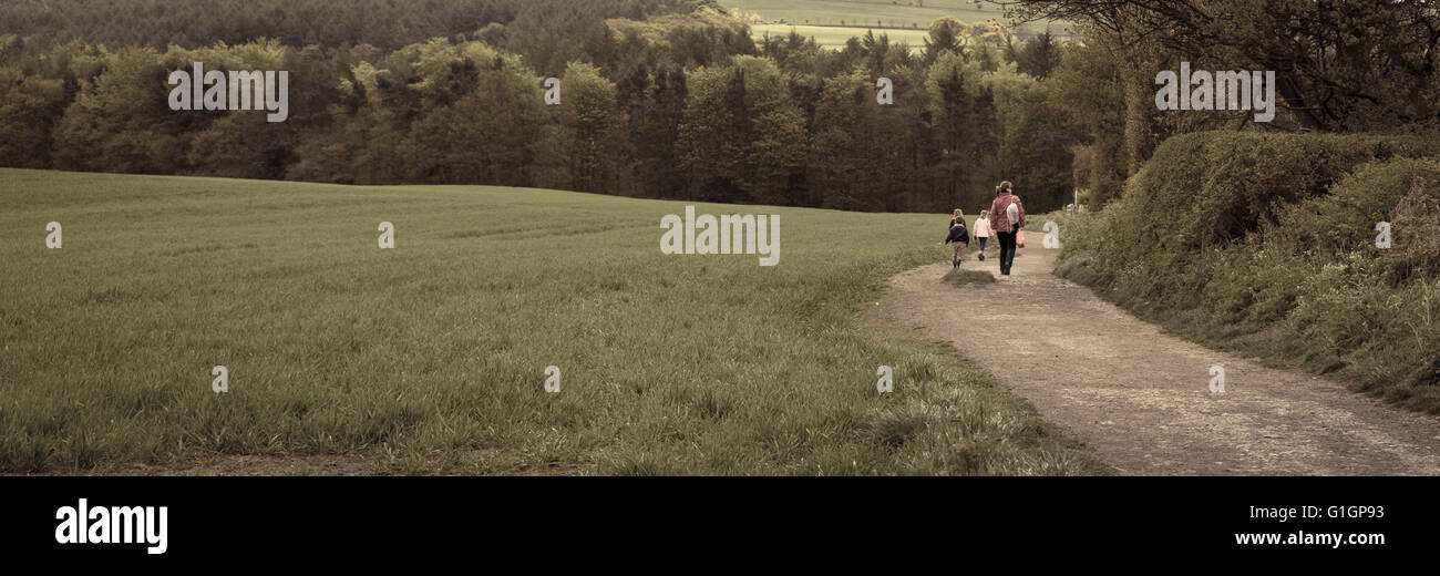 A woman and children take a woodland country walk along a dirt track by a forest Stock Photo