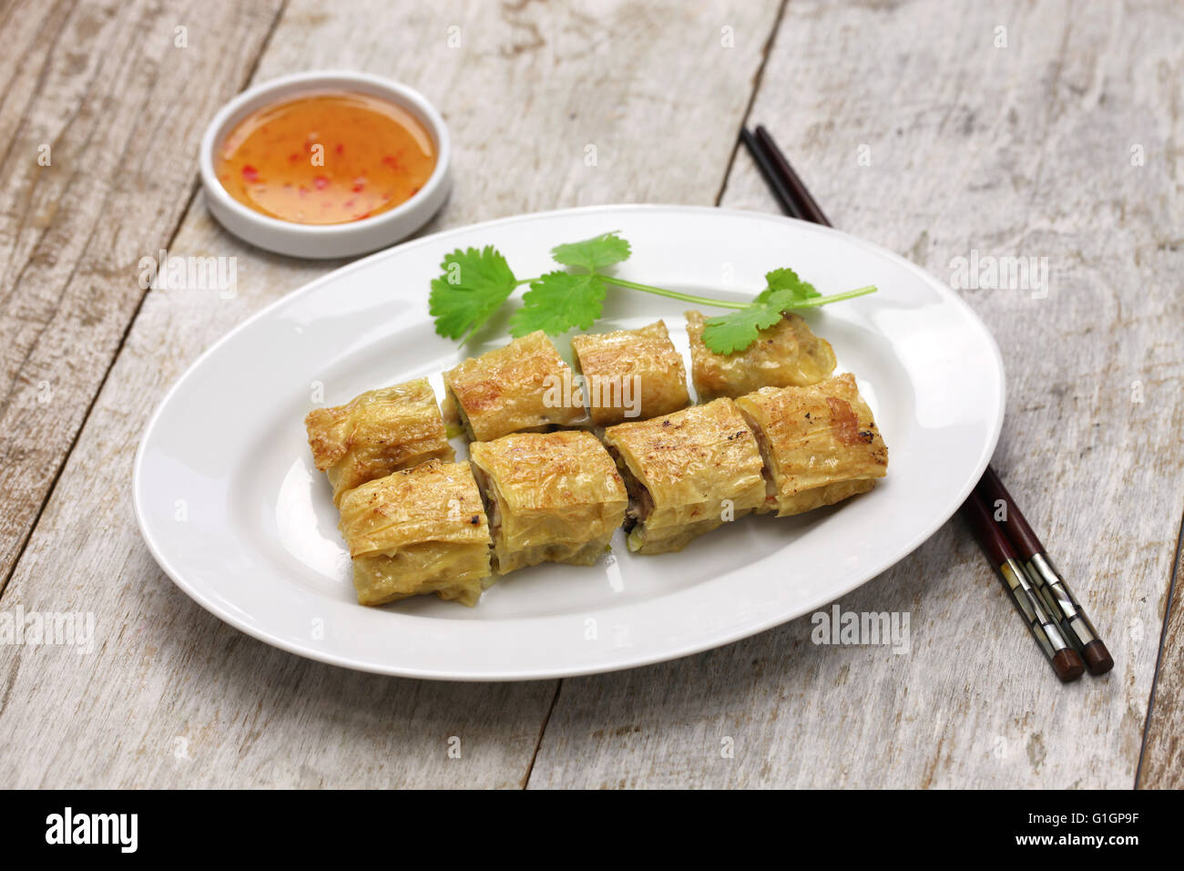 fried shrimp tofu ( bean curd ) skin rolls, chinese dim sum food Stock