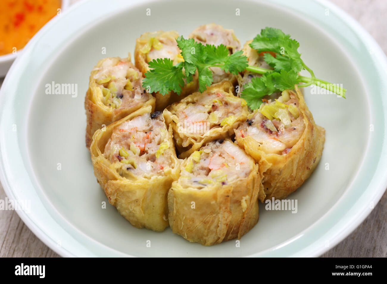fried shrimp tofu ( bean curd ) skin rolls, chinese dim sum food Stock