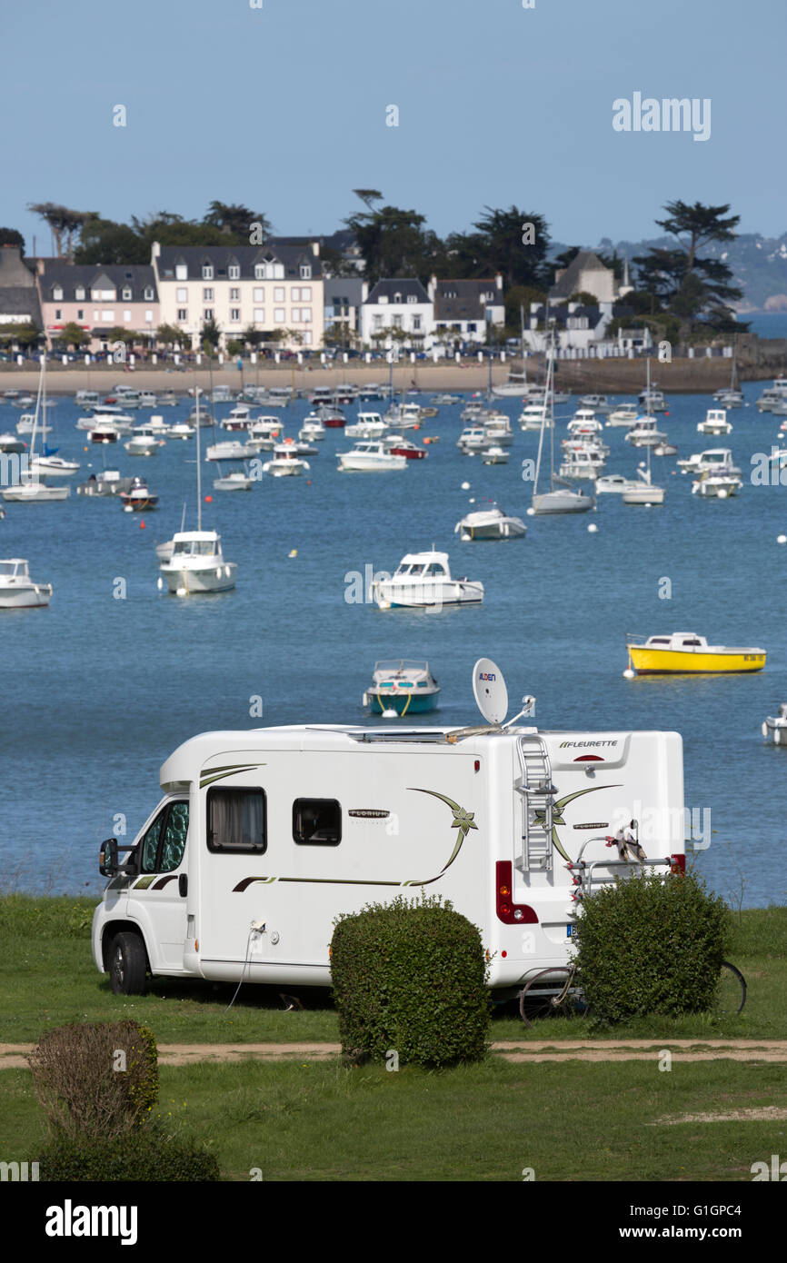 Campervan at Camping du Fond de la Baie campsite, Locquirec, Finistere, Brittany, France, Europe Stock Photo