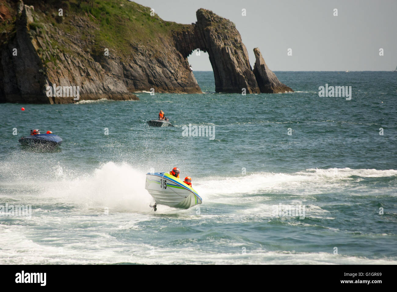 Powerboat racing around Torbay by the Offshore Circuit Racing Drivers Association at Torquay, Devon, UK, May 2016. Stock Photo