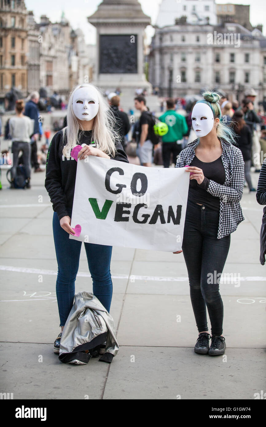 London, UK. 14th May, 2016. Vegan activists take part in an