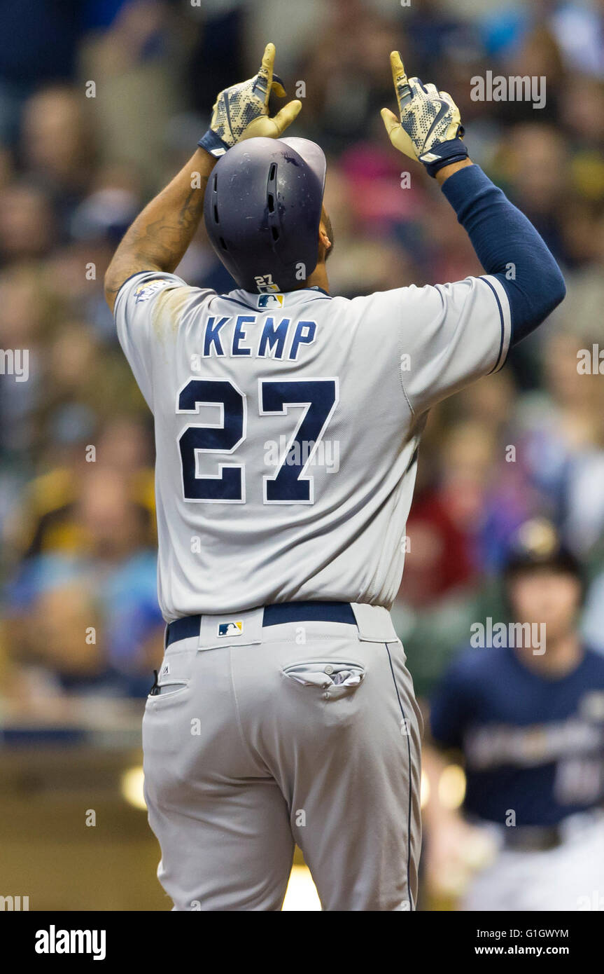 May 14, 2016: San Diego Padres right fielder Matt Kemp #27 crosses home plate after hitting a solo home run in the Major League Baseball game between the Milwaukee Brewers and the San Diego Padres at Miller Park in Milwaukee, WI. John Fisher/CSM Stock Photo