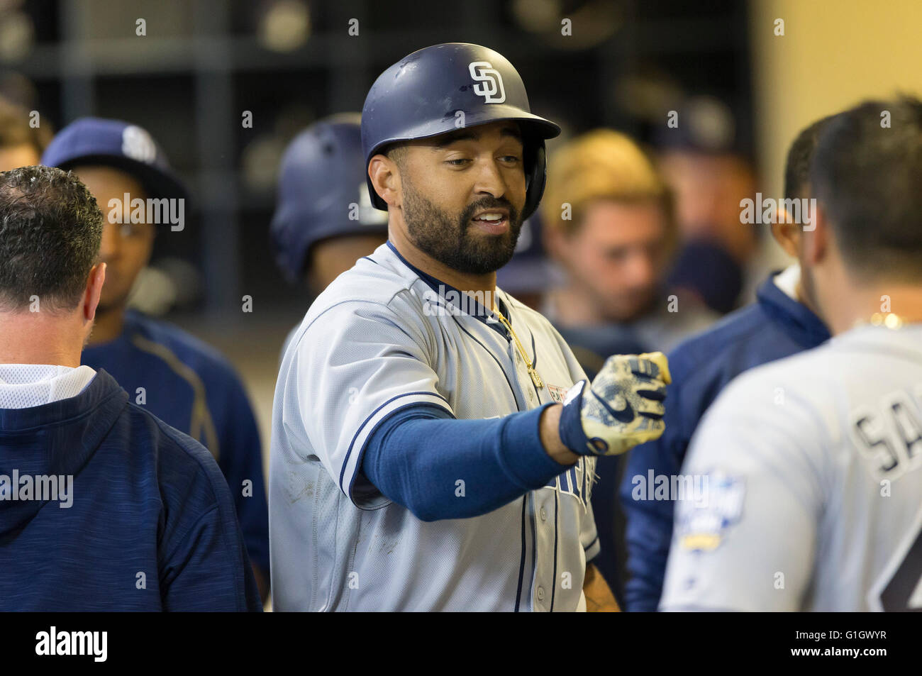 May 14, 2016: San Diego Padres right fielder Matt Kemp #27 is congratulated by teammates after hitting a a home run in the Major League Baseball game between the Milwaukee Brewers and the San Diego Padres at Miller Park in Milwaukee, WI. John Fisher/CSM Stock Photo
