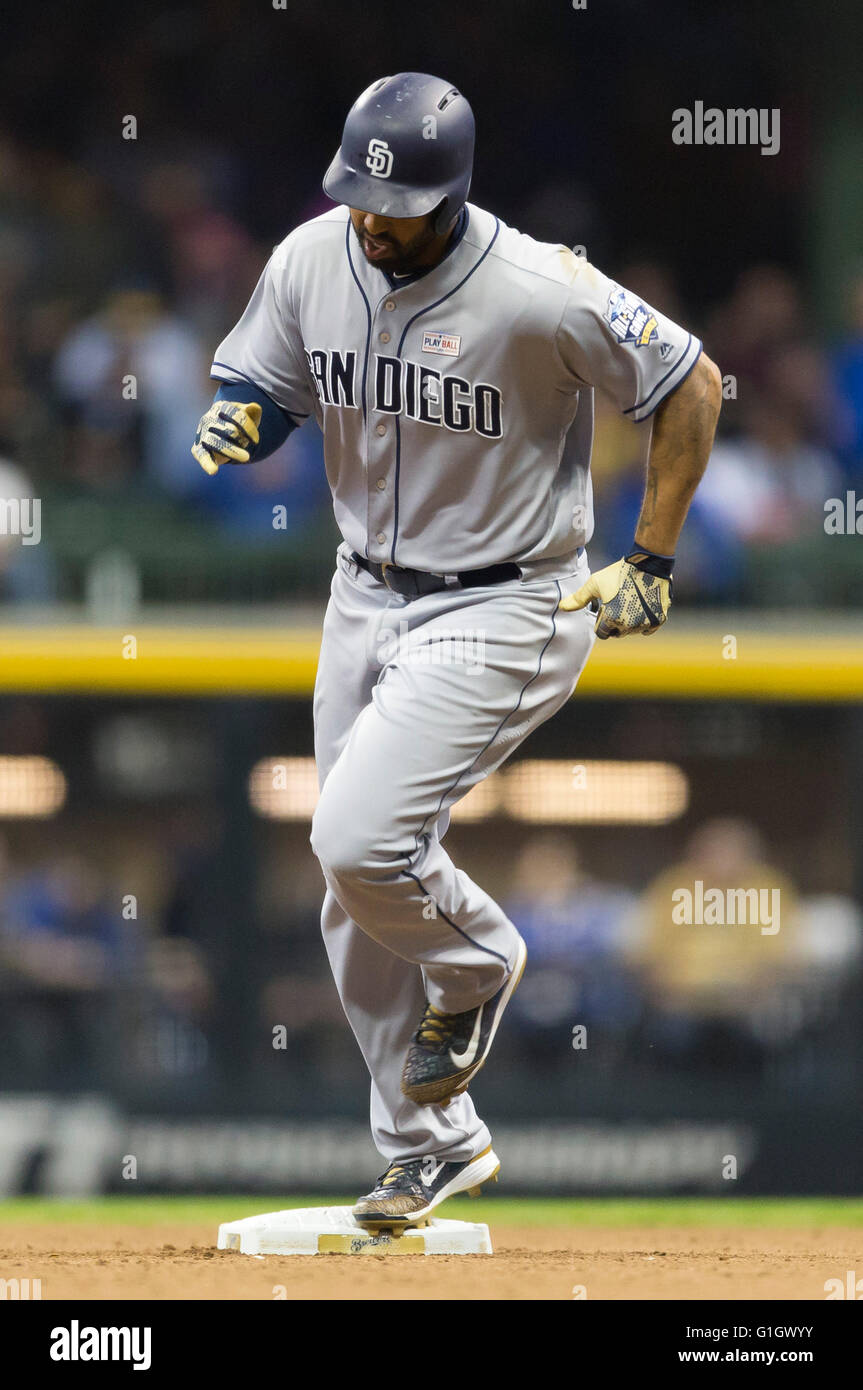 May 14, 2016: San Diego Padres right fielder Matt Kemp #27 homers to right field in the 5th inning of the Major League Baseball game between the Milwaukee Brewers and the San Diego Padres at Miller Park in Milwaukee, WI. John Fisher/CSM Stock Photo