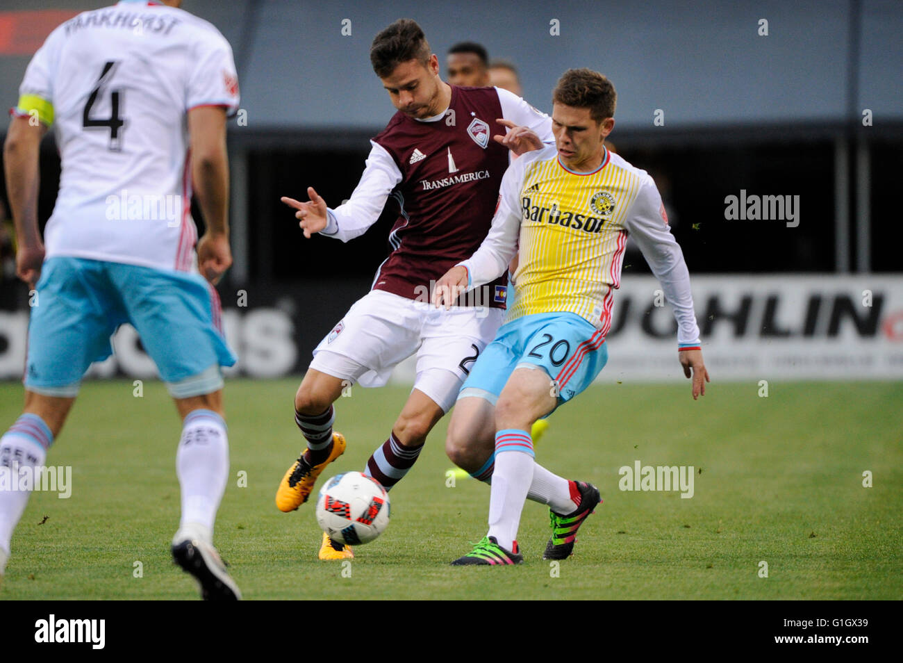 Columbus Crew FC midfielder Will Trapp (20) and Colorado Rapids forward Luis Solignac (21) battle for the ball in the first half of the match between Colorado Rapids and Columbus Crew SC. May 14, 2016 at MAPFRE Stadium in Columbus Ohio. ..Columbus Crew SC 1 - Colorado Rapids 0..Photo Credit: Dorn Byg/CSM Stock Photo