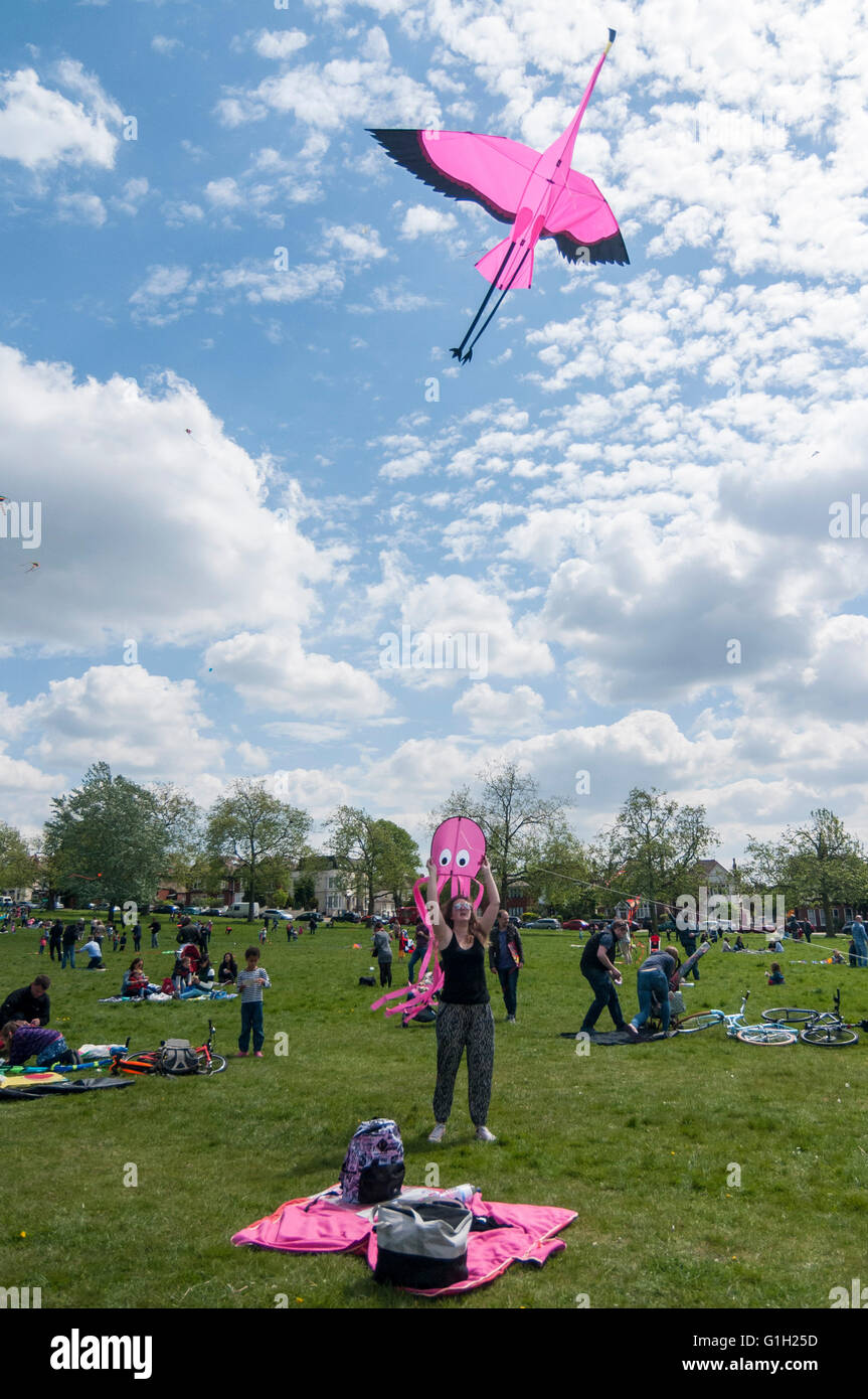 London, UK. 15 May 2016. Hundreds of kite flying fans enjoy the annual