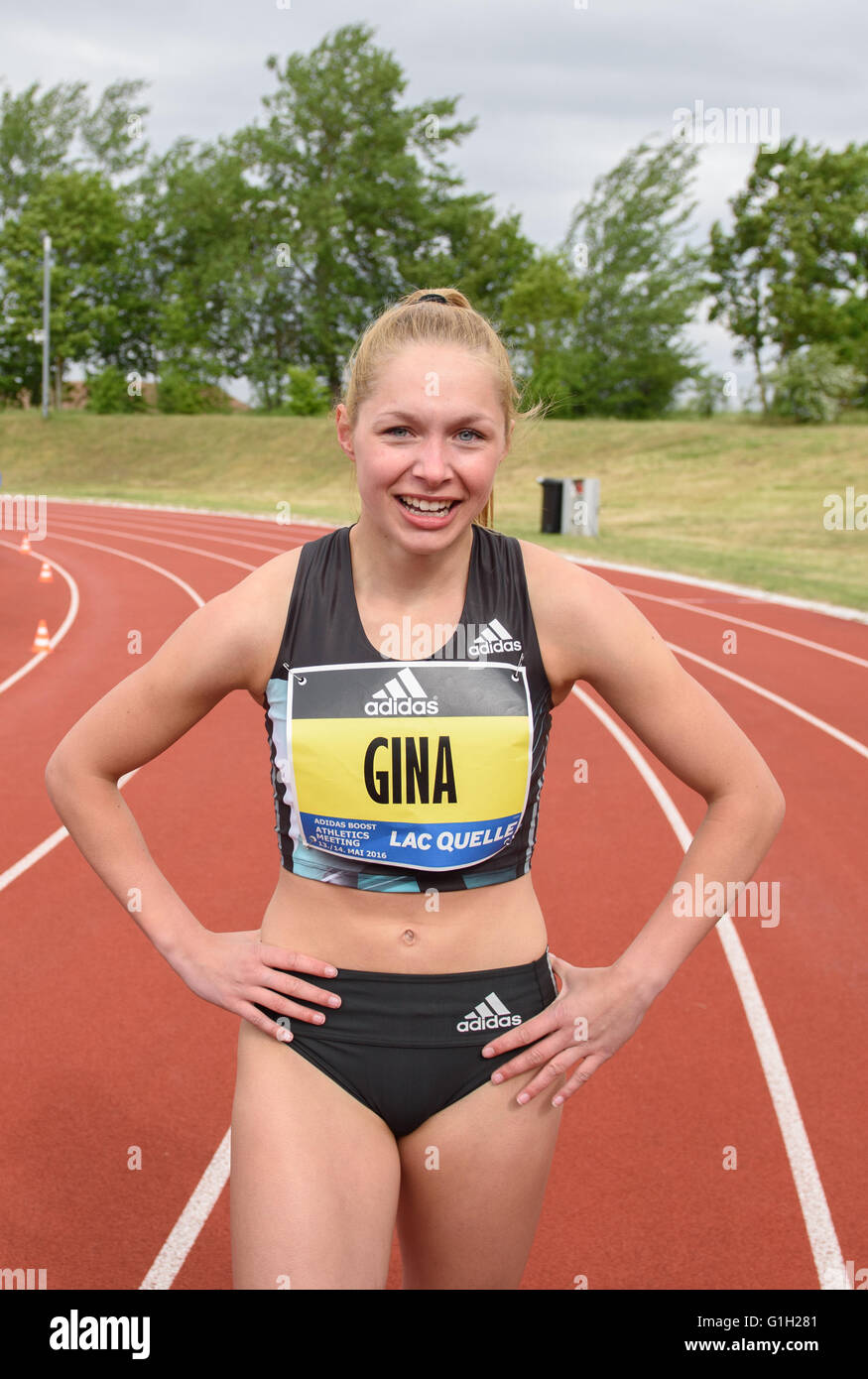 Herzogenaurach, Germany. 14th May, 2016. Gina Lueckenkemper of LG Olympia  Dortmund celebrates after winning in the women's 100 metre race during the Adidas  Boost Athletics Meeting in Herzogenaurach, Germany, 14 May 2016.