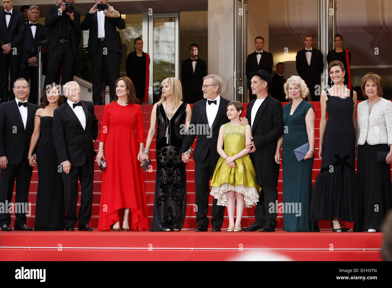 Guest, Kristie Macosko, Frank Marshall, Kathleen Kennedy, Kate Capshaw, Steven Spielberg, Ruby Barnhill, Mark Rylance, Claire van Kampen, Lucy Dahl and Penelope Wilton attending the 'The BFG' premiere during the 69th Cannes Film Festival at the Palais des Festivals in Cannes on May 14, 2016 | usage worldwide Stock Photo