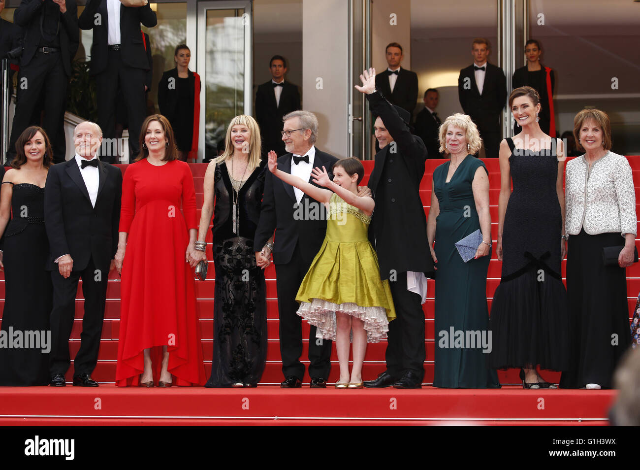 Kristie Macosko, Frank Marshall, Kathleen Kennedy, Kate Capshaw, Steven Spielberg, Ruby Barnhill, Mark Rylance, Claire van Kampen, Lucy Dahl and Penelope Wilton attending the 'The BFG' premiere during the 69th Cannes Film Festival at the Palais des Festivals in Cannes on May 14, 2016 | usage worldwide Stock Photo
