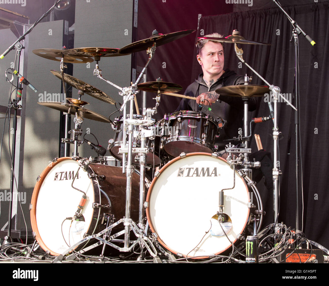 Somerset, Wisconsin, USA. 14th May, 2016. Drummer JAMES CASSELLS of Asking  Alexandria performs live at Somerset Amphitheater during the Northern  Invasion Music Festival in Somerset, Wisconsin © Daniel DeSlover/ZUMA  Wire/Alamy Live News